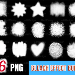 Puede incluir: Un conjunto de 16 imágenes PNG blancas con diferentes formas y texturas, como estrellas, círculos y nubes. Las imágenes están diseñadas para crear un efecto de blanqueamiento en fotos y gráficos. El texto "16 PNG BLEACH EFFECT BUNDLE" está en la parte inferior de la imagen.