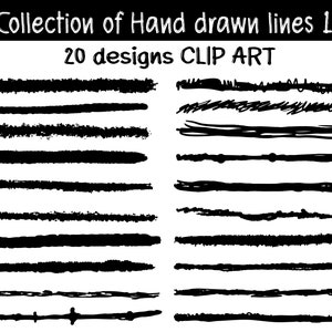 May include: A collection of 20 hand-drawn black lines, perfect for adding a unique touch to your designs.  These lines are great for creating borders, dividers, or accents.