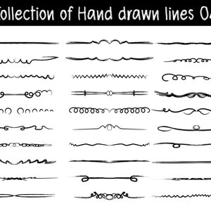 May include: Collection of 20 hand-drawn lines in black ink. The lines are various styles, including wavy, straight, and curly.