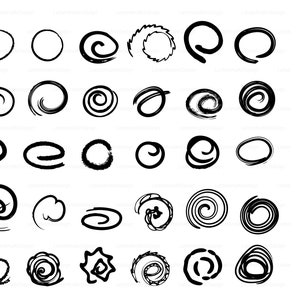 Op de afbeelding: Een set van 30 handgetekende cirkel- en spiraalvormen in zwarte inkt. De vormen zijn in verschillende maten en stijlen, waaronder eenvoudige cirkels, swirls en spiralen.