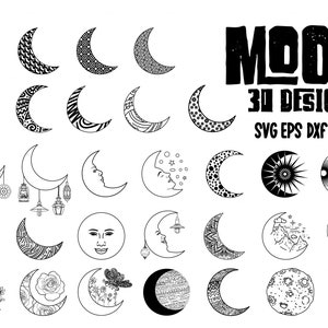 Può includere: Un set di 30 disegni di luna in bianco e nero. I disegni includono vari stili di lune, tra cui lune crescenti, lune piene e lune con volti. Il testo "MOON 30 DESIGNS SVG EPS DXF PNG" è nella parte superiore dell'immagine.