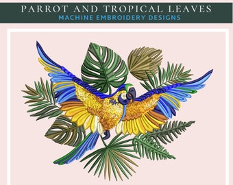 Colorful flying parrot and tropical leaves. Machine Embroidery Designs . Exotic leaves . Plant embroidery. Tropical bird. Instant download.