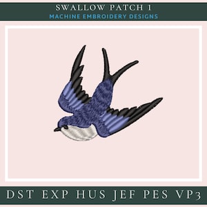 May include: A blue and black swallow bird embroidery design. The design is ideal for creating patches or adding a touch of nature to your projects.