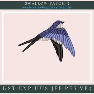 May include: A blue and black swallow bird embroidery design. The design is perfect for creating patches, appliques, or other embroidery projects.