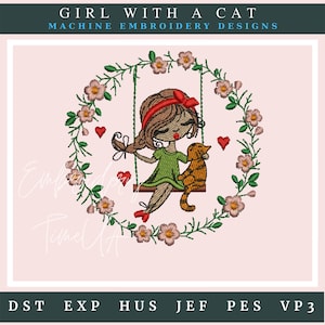 Machine Embroidery Designs / girl with a cat /  girl embroidery / embroidery design for machine / Instant download.