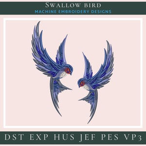 May include: Two blue swallow birds with red accents flying in opposite directions. The birds are stylized and have a detailed design. The image is for machine embroidery designs and includes the file formats DST, EXP, HUS, JEF, PES, and VP3.