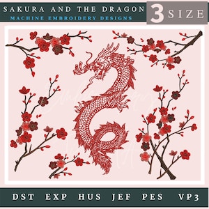 Op de afbeelding: Rode draak en kersenbloesem borduurmotief in drie maten. Het ontwerp is beschikbaar in de formaten DST, EXP, HUS, JEF, PES en VP3.