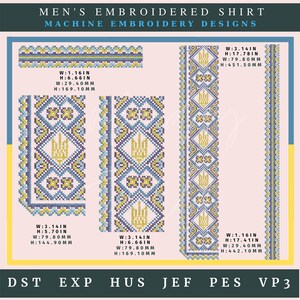 Puede incluir: Diseños de bordado a máquina para una camisa con un símbolo de tridente ucraniano amarillo y azul. Los diseños están en varios tamaños y formatos, incluidos DST, EXP, HUS, JEF, PES y VP3.