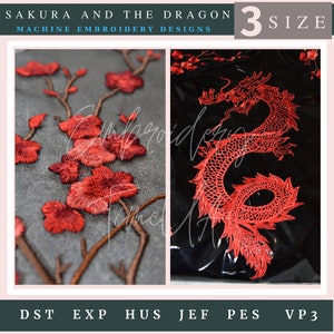 Dragon embroidery design. Dragon pes files for embroidery. Cherry Blossom embroidery design. Sakura branch.