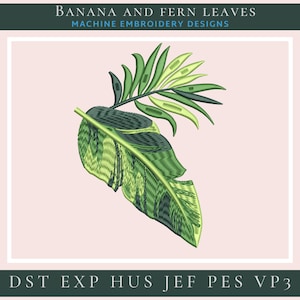 Może przedstawiać: Wzór do haftu maszynowego przedstawiający zielony liść bananowca i liść paproci. Wzór idealnie nadaje się do dodania tropikalnego akcentu do Twoich projektów.