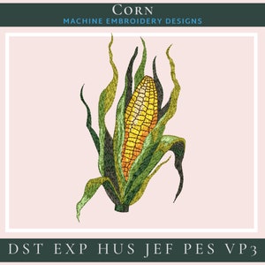 Könnte beinhalten: Gesticktes Design eines gelben Maiskolbens mit grünen Hüllen. Das Design ist perfekt für Stickprojekte und in verschiedenen Formaten erhältlich, darunter DST, EXP, HUS, JEF, PES und VP3.