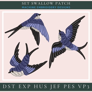Może przedstawiać: Zestaw trzech wzorów haftu przedstawiających niebieskie i czarne jaskółki. Wzory są w różnych pozach, z rozłożonymi skrzydłami i w locie. Wzory idealnie nadają się do dodania odrobiny natury do twoich projektów.