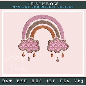 Rainbow machine embroidery designs.  Rainbow with falling stars. Rainbow with falling hearts