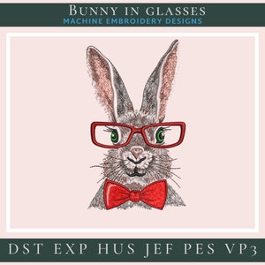 Może przedstawiać: Haftowany wzór królika w czerwonych okularach i czerwonym krawacie. Królik ma szare futro i zielone oczy. Wzór idealnie nadaje się do projektów hafciarskich.