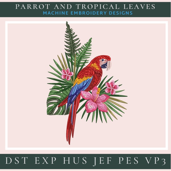 Tropical parrot embroidery. Machine Embroidery Designs. Red parrot. Colorful flying parrot and tropical leaves.  Tropical bird.