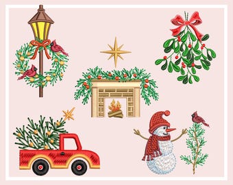 May include: A set of Christmas embroidery designs featuring a red truck with a Christmas tree, a snowman, a fireplace with a garland, a mistletoe, and a street lamp with a wreath.  The designs are available in DST, EXP, HUS, JEF, PES, and VP3 formats.