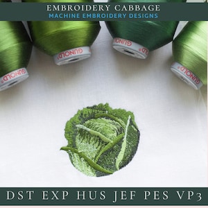 Op de afbeelding: Machine borduurontwerp van een groene kool, met de woorden "DST EXP HUS JEF PES VP3" en "EMBROIDERY CABBAGE MACHINE EMBROIDERY DESIGNS" boven en onder in de afbeelding.