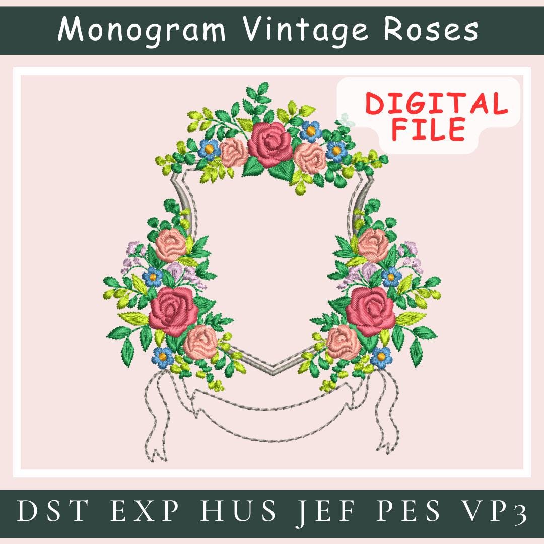 Monogram With Roses Rose Monogram Embroidery Design, Vintage Floral Frame (instant Download ...