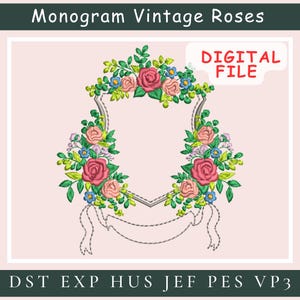 Borduurontwerp met roos monogram, vintage bloemenlijst (directe download)