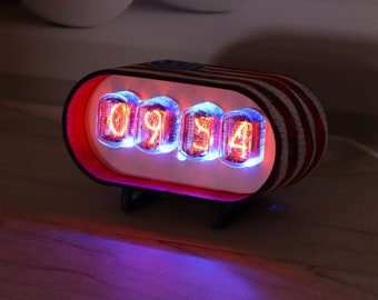 In-12 NIXIE CLOCK Hand painted in USA Flag with Bald Eagle | Handmade wooden nixie tube clock.