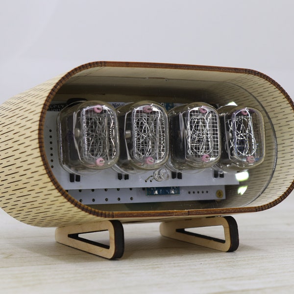 Wooden IN-12 nixie tube clock with a transparent insert. Vintage handmade clock.