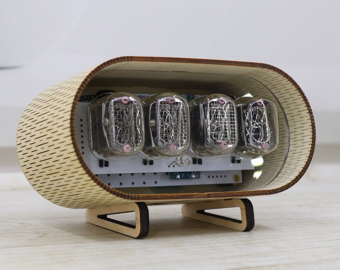 Wooden IN-12 nixie tube clock with a transparent insert. Vintage handmade clock.