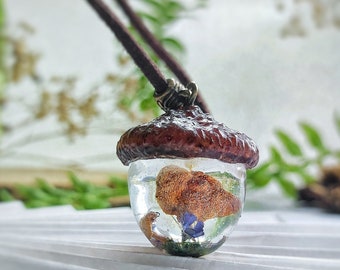 acorn mushroom necklace, acorn moss necklace, forest amulet,  nature lover gift, gift forest lover,