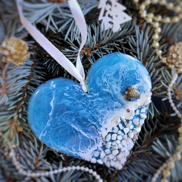 Christmas ornament heart, sea life ornaments beach and resin, sea life ornaments turtle and crab, beach lover gift,