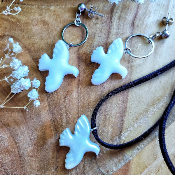 dove earrings, bird earrings, white dove earrings,  dove charm, holy spirit dove, turtledove choker, flying bird choker