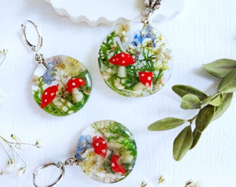 Mushroom earrings, Mushroom necklaces, Mushroom jewelry resin, toadstool earrings, toadstool necklaces, weird earrings, terrarium jewelry,