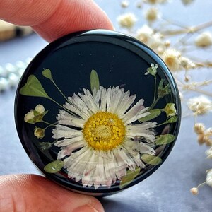 Pode incluir: Um cabochão de resina preta com uma margarida branca e folhas verdes prensadas dentro. A margarida tem um centro amarelo.
