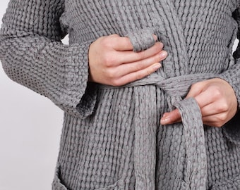 Pure natural grey waffle linen robe stonewashed waffle linen bathrobe spa robe linen sauna robe organic linen