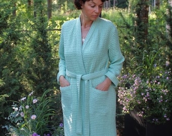 Light green linen women's robe waffle-patterned bathrobe soft stonewashed linen robe linen dressing absorbent linen  spa robe eco linen