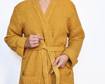 Pure natural mustard yellow color waffle linen robe stonewashed waffle linen bathrobe spa robe linen sauna robe organic linen
