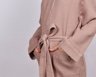 Pink color linen robe stonewashed linen bathrobe spa robe linen sauna robe eco linen