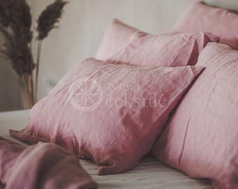 Fundas de almohadas de lino natural de color rosa claro, funda de almohada de lino, fundas de almohada estilo sobre 100% rosa de lino natural