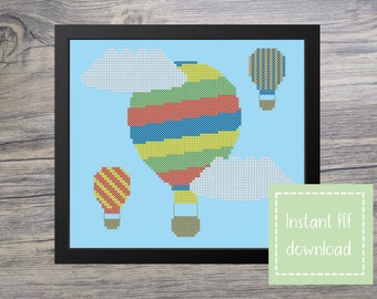 May include: Cross stitch pattern featuring three hot air balloons in a blue sky with white clouds. The balloons are striped in red, yellow, blue, and green. The pattern includes the text "Instant PDF download".