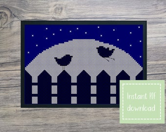 Birds in Moonlight/Silhouette Cross Stitch Pattern - PDF Instant Download