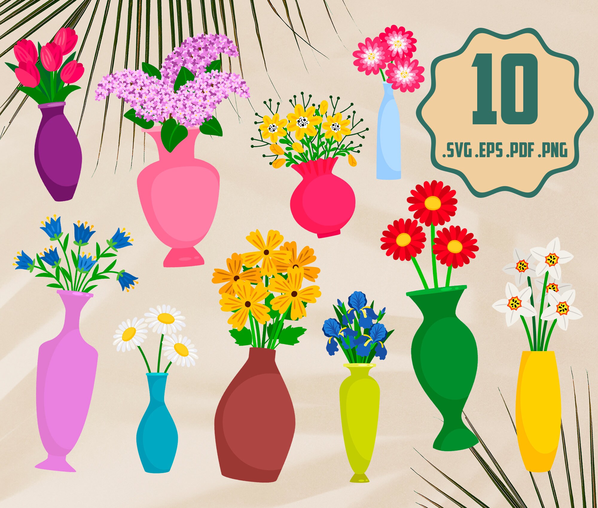Flowers In Vases Illustration EPS set Plants Bouqete SVG | Etsy