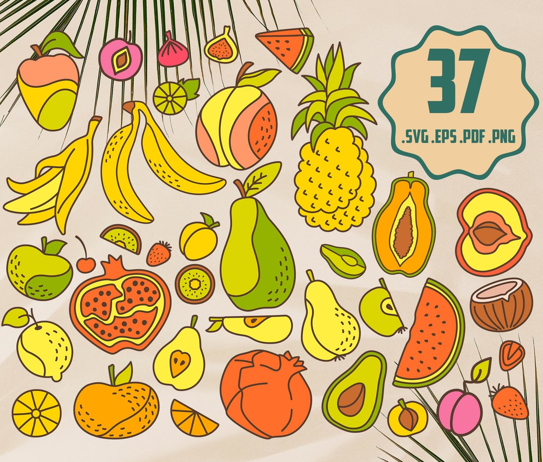 Exotic Fruits Doodles SVG Illustration Bundle, Tasty Food Vector Art ...