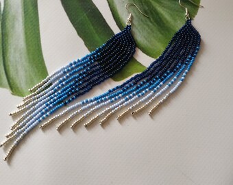 Long fringe bead earrings Statement earrings Unique earrings Navy blue dangle beaded earrings Dangly earrings Boho earrings
