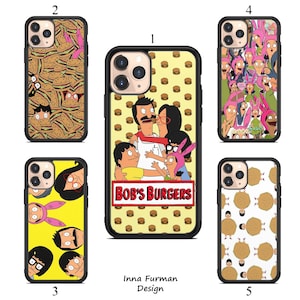 May include: Set of 5 phone cases featuring characters from the animated TV show Bob's Burgers. The cases feature different designs, including a burger pattern, a group photo of the characters, and a close-up of the characters' faces. The cases are all black with a clear plastic back.