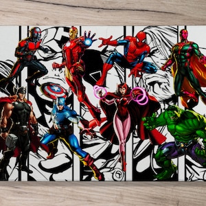 May include: A group of superheroes from the Marvel universe, including Iron Man, Thor, Captain America, Hulk, Scarlet Witch, Spider-Man, and Vision, are depicted in a comic book style illustration. The characters are drawn in a dynamic pose, with vibrant colors and detailed features.