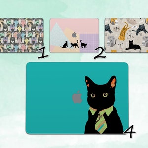 May include: Four different designs for laptop skins. The first design features a pattern of cats wearing glasses. The second design features a pink and purple background with a black cat and an apple logo. The third design features a pattern of cats in various poses. The fourth design features a teal background with a black cat wearing a tie and an apple logo.