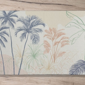 May include: A digital tablet case with a beige background and a design of blue, green, and orange palm trees and leaves.