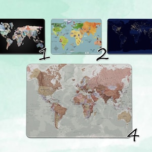 May include: Four different world maps, each with a unique style. The first map is black with a white world map made of currency. The second map is blue with a white world map with animals and landmarks. The third map is dark blue with a white world map showing city lights. The fourth map is a detailed world map with a beige background and brown and gray continents.
