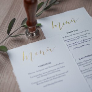 Menu cards wedding eucalyptus, buffet cards, series 'Olive', calligraphed by hand in gold, uncoated paper, DIN long image 4