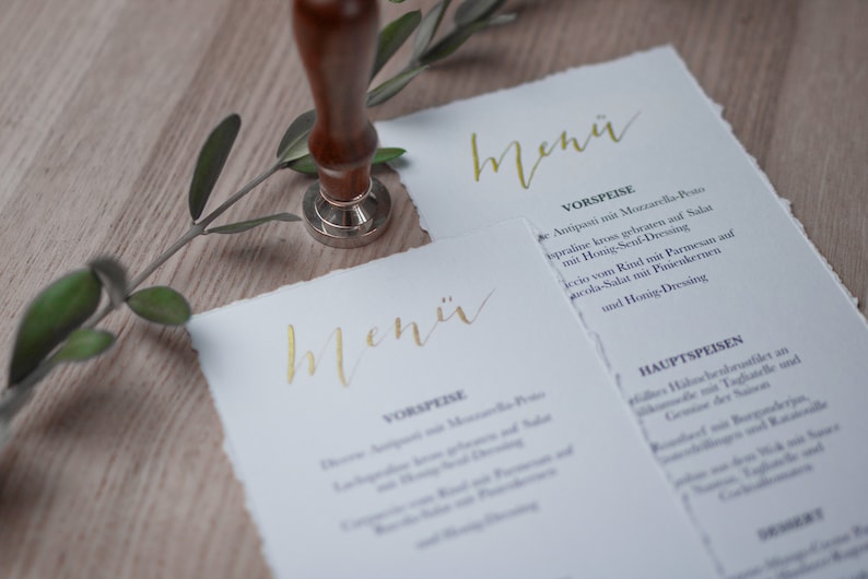 Menu cards wedding eucalyptus, buffet cards, series 'Olive', calligraphed by hand in gold, uncoated paper, DIN long image 4