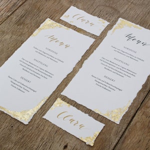 Menükarten Gold, Menükarten Hochzeit Blattgold, Büttenpapier, personalisiert