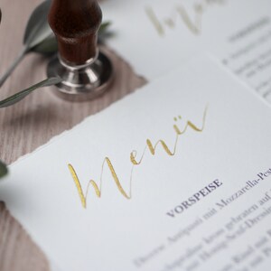 Menu cards wedding eucalyptus, buffet cards, series 'Olive', calligraphed by hand in gold, uncoated paper, DIN long image 3